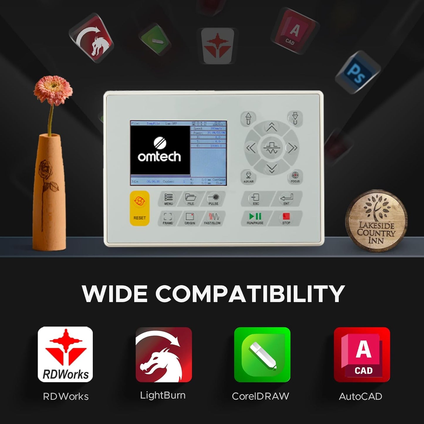 OMTech 90W CO2 Laser Engraver with Water Chiller, 28"x20" Cutting & Engraving Machine with Air Assist, 4-Way Pass, Caster Wheels, RDWorks, for Wood, Glass, Acrylic & More