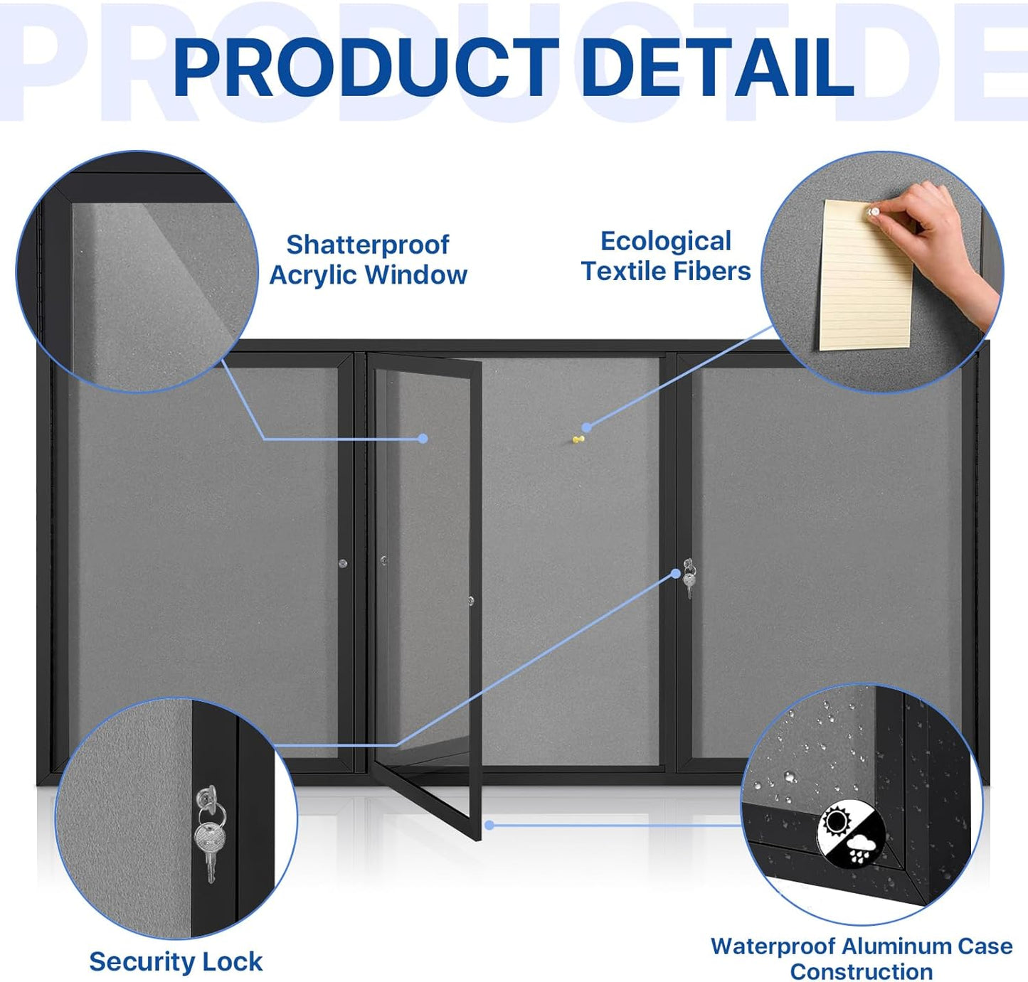 SWANCROWN Outdoor Bulletin Board 70x36in, Enclosed Bulletin Board with Locking Door for Office School Commerce, Grey Felt, Black Aluminum Frame