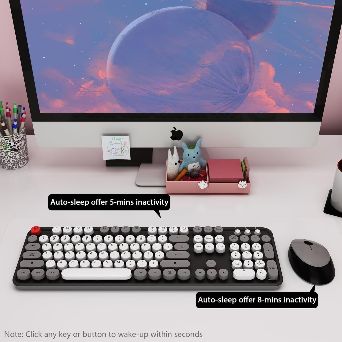 Wireless Keyboard Mouse Combo, Colorful Mouse and Keyboard Combo, 104 Keys Cute Wireless Keyboard with Number Pad for Windows, Computer, PC, Notebook, Laptop (Grey)