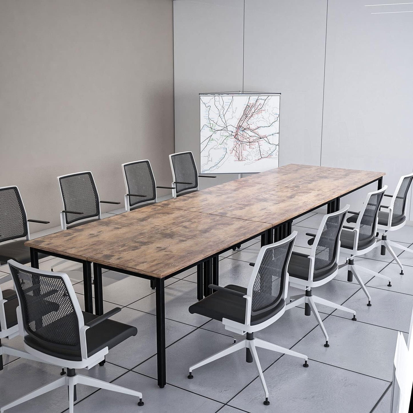 Bonzy Home Conference Tables 14ft Office Computer Desk for Meeting Room Study Writing Printer Table for 16 People Save Space Design Rustic Vintage Brown 6PCS (165.3"x47.2"x29.5")