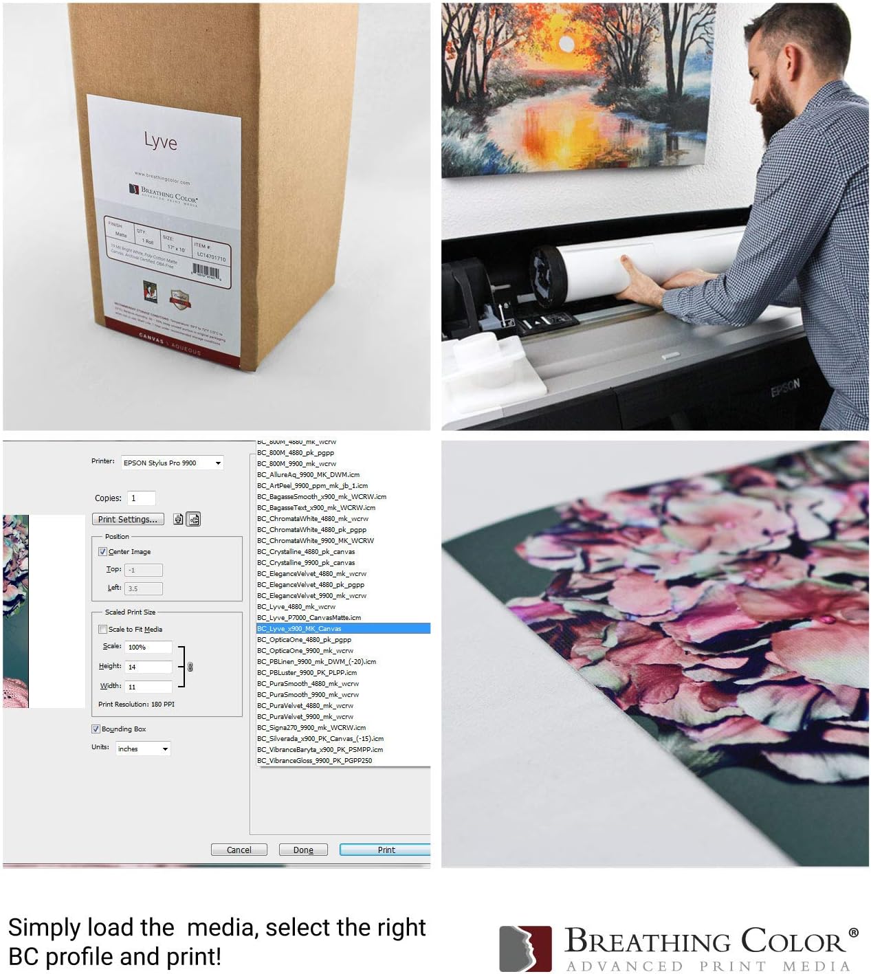 Premium Lyve Matte Canvas Paper Perfect For Use on Professional Makes and Models of Epson, Canon and HP printers preferred by Professionals. 19 mil textured Canvas offered in a 17 inch by 10 ft roll
