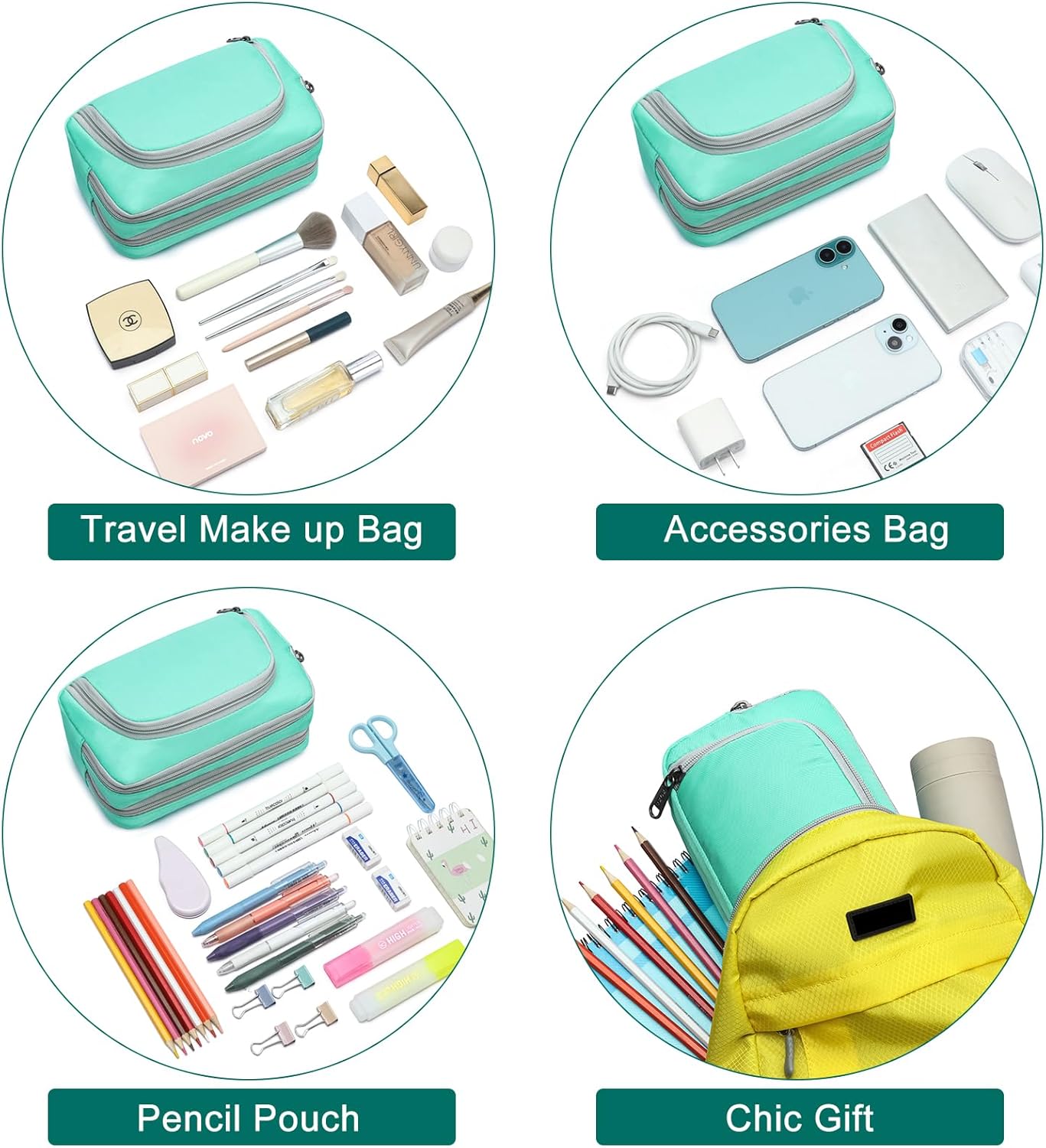 XQXA Pencil Pouch Large Capacity Pencil Case Organizer, Multifunctional Pencil Pouch with 3 Compartmens, Big pencil bags with zipper Office Travel Men Women (01-Mint Green)