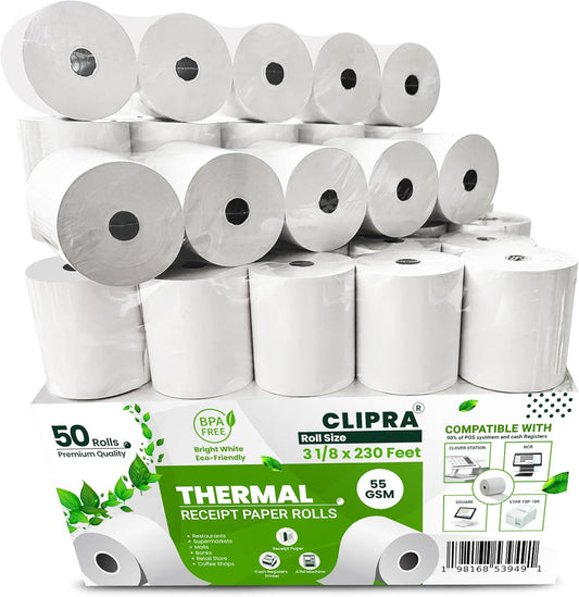 3 1/8 x 230ft Thermal Paper Receipt Rolls (50 PACK) 55 GSM - Compatible with ALL POS Systems, Cash Registers - BPA Free, Premium Quality Receipt Paper Rolls