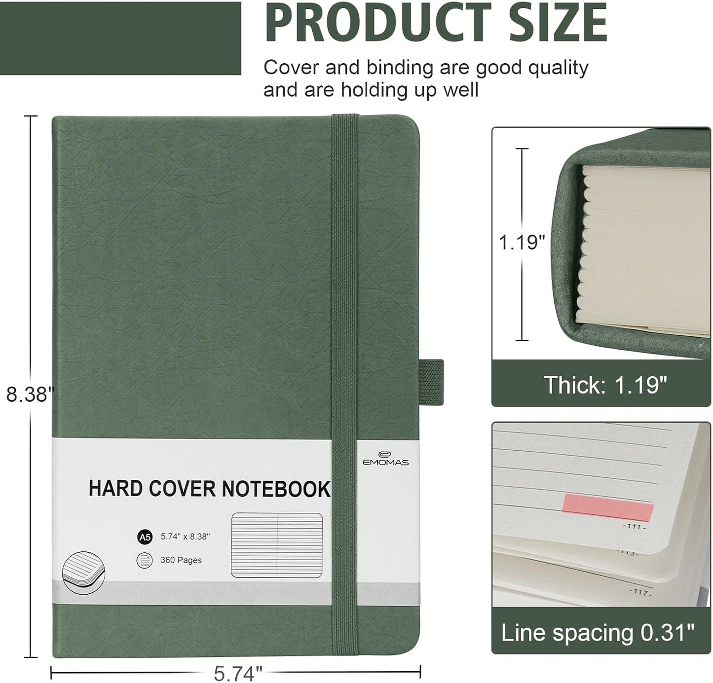 Lined Journal Notebook, 360 Numbered Pages(With page number), Thick Journal for Writing A5 College Ruled Notebook, 100gsm Lined Paper, Leather Hardcover, 5.75'' X 8.38''-Morandi Green