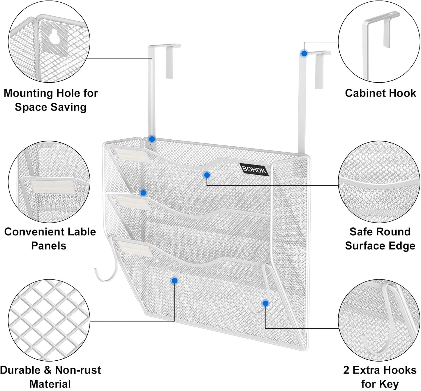Wall File Organizer, 3 Tire Hanging File Folder Mail Organizer, Vertical Mesh Metal Door/Wall Mount Hanging File Organizer, Paper Document Magazine Rack with Hooks for Home Office White