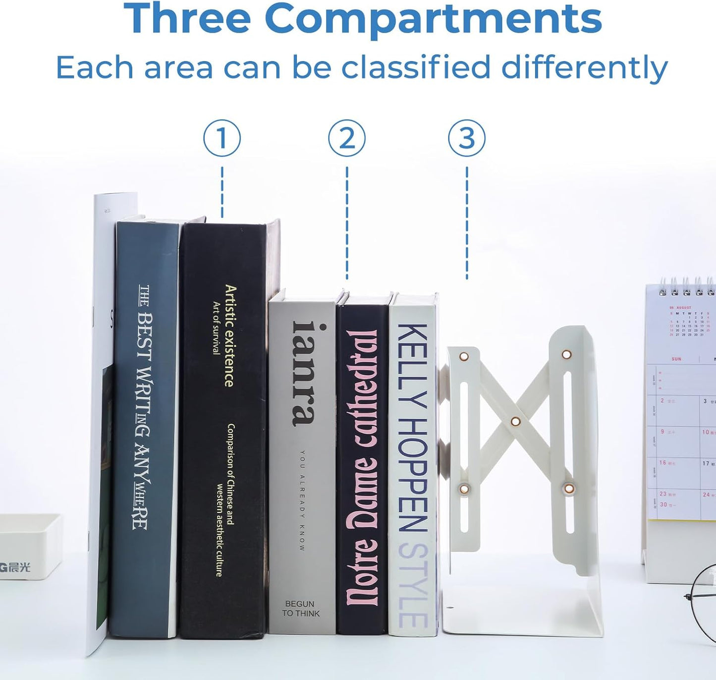 M&G Adjustable Bookends Book Ends for Shelves, Metal Bookend for Heavy Books, Desk Magazine File Organizer Holder Extends up to 20in, Book Stopper for Home, Office, Classroom (White)