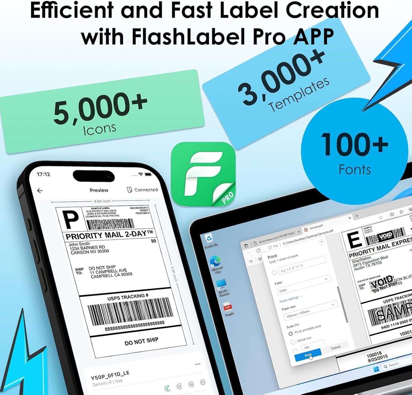 Shipping Thermal Label Printer, 4x6 Portable Label Printer, Bluetooth Label Maker for Small Business, Support iPhone,Android,Windows,Mac,Chromebook,Works with USPS, Ebay,Shopify&More, White