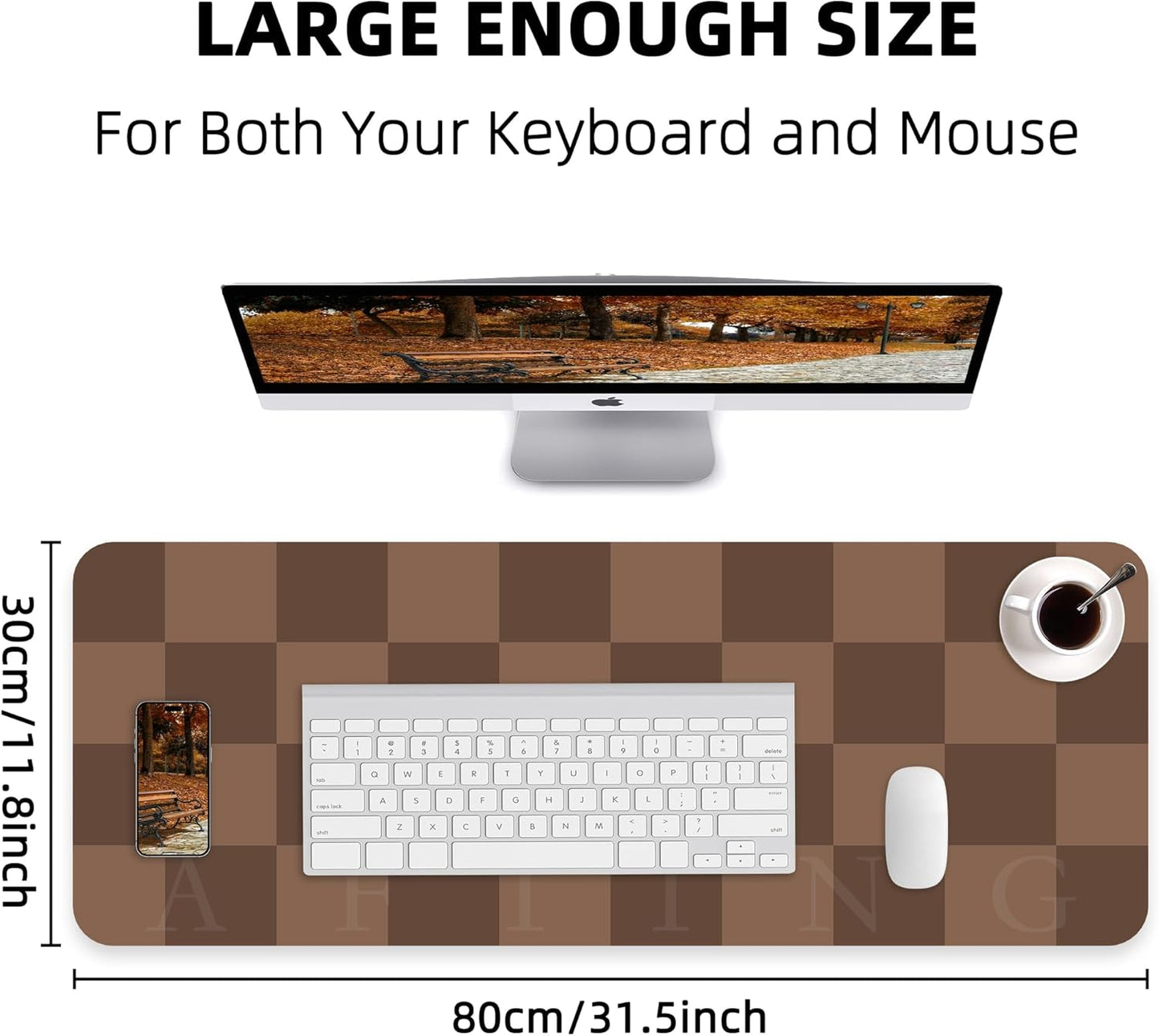 Non-Slip Checkered Desk Mat, Waterproof PU Leather Protector, Large Blotter, Easy Clean Laptop Writing Mat for Work/Home/Decor (Brown 31.5" x 12")