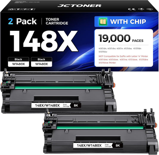 148X Black Toner Cartridge 2-Pack with chip High Yield Replacement for HP 148X W1480X 148A W1480A Compatible with HP LaserJet Pro MFP 4101dw 4101fdn 4101fdw 4001dn 4001dw 4001n 4001 4101 e Printer Ink