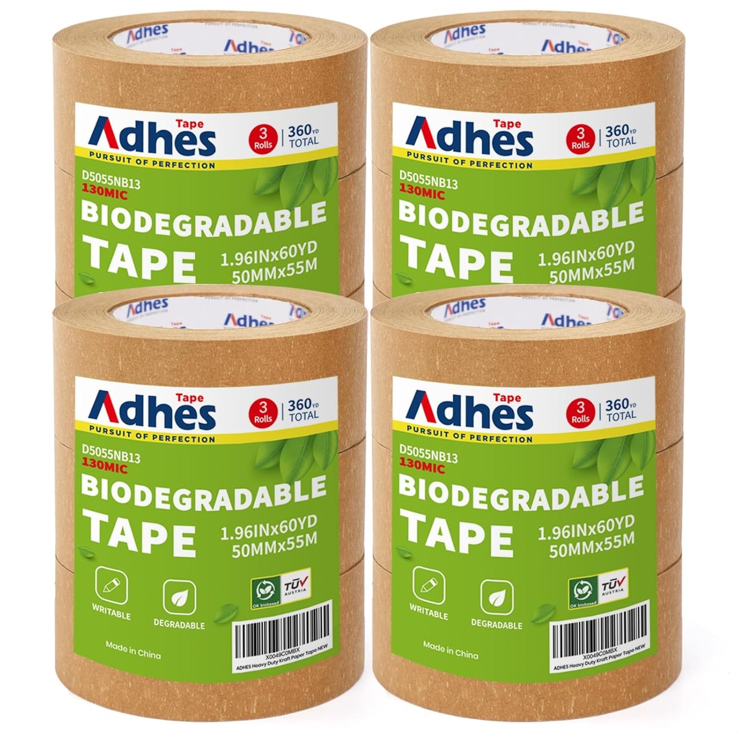 ADHES Kraft Paper Tape, 2 Inch x 60 Yards x 12 Rolls, Biodegradable Paper Packing Tape Writable & Uncoated Brown Shipping Tape for Shipping, Moving, Sealing