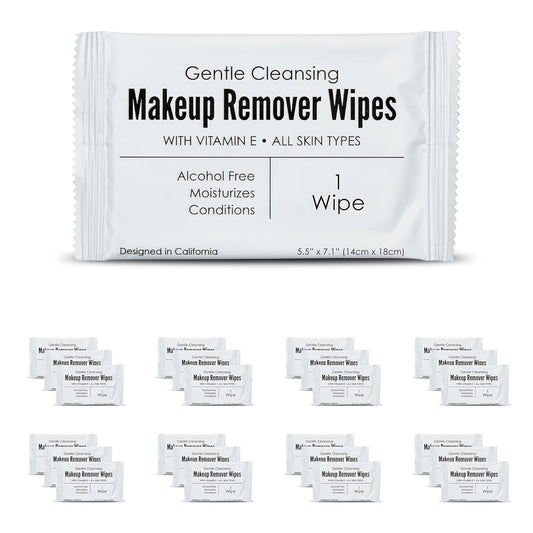 Bulk Makeup Remover Wipes | 50 Count | Individually Wrapped, Gentle Cleansing, Alcohol Free - All Skin Types - Vitamin E - 100% Recyclable, Hotel Travel Size Toiletries