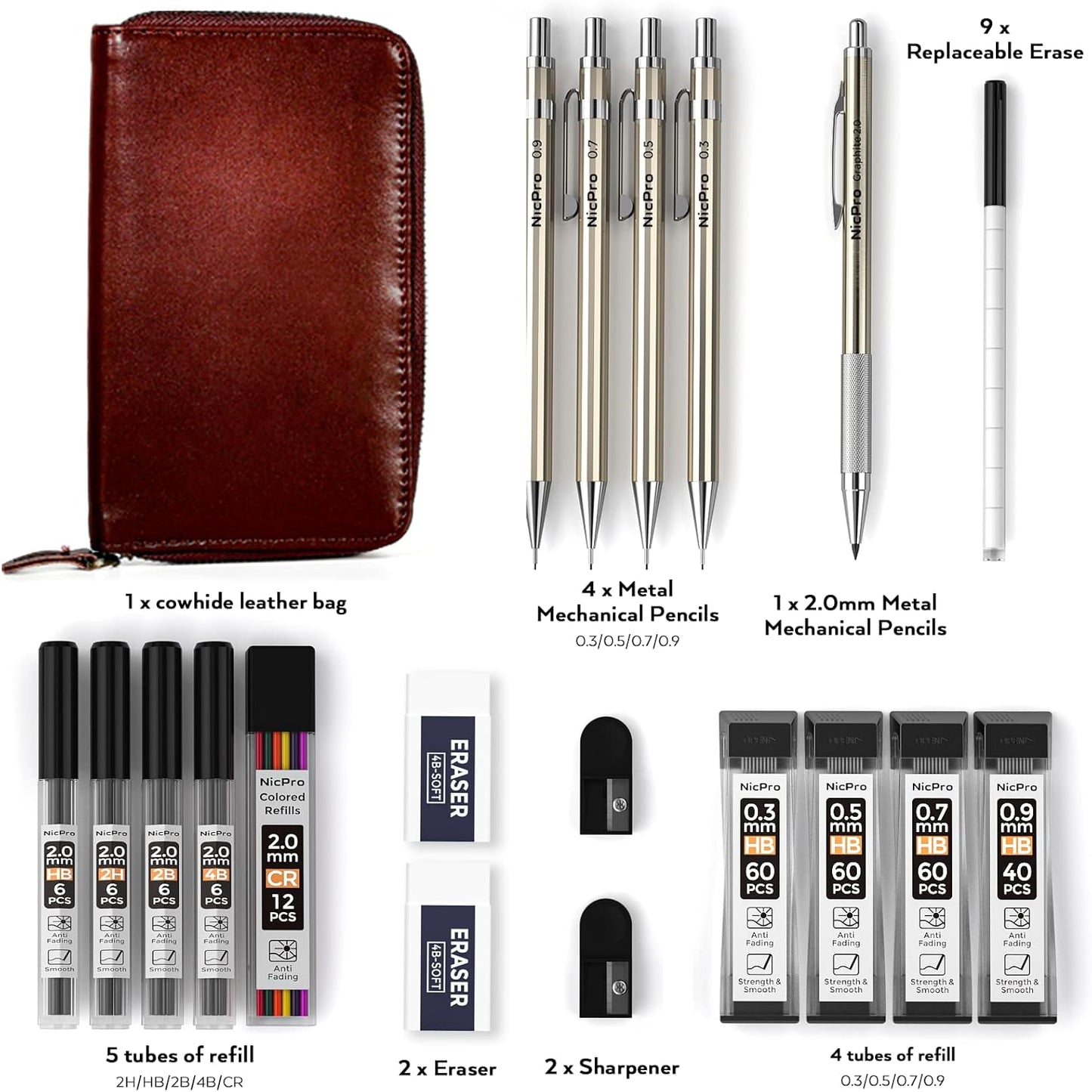 Nicpro 20PCS Metal Mechanical Pencil Set in Leather Case, 0.3 & 0.5 & 0.7 & 0.9 mm & 2mm Lead Pencil Holders, (4B 2B HB 2H) Lead Refills (Black & Colors), Erasers, For Art Drafting Sketching Drawing