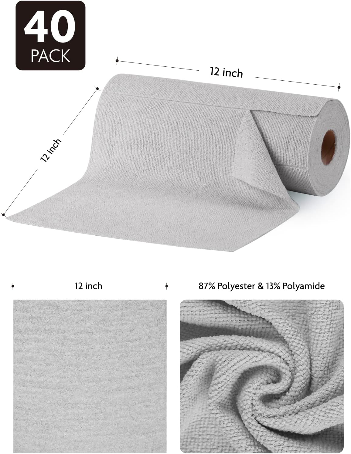 Fantasticlean Microfiber Cleaning Cloth Roll -40 Pack, Tear Away Microfiber Towels, 12" x 12", Reusable, Washable, Scratch Free, Ultra Absorbent Dish Rags for Car, Home, Garage or Shop (Grey)