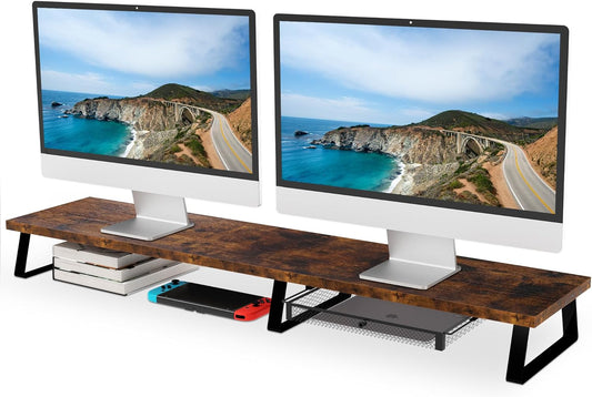 Aothia Dual Monitor Stand Riser - Metal Leg Monitor Stand with Drawer, Desk Shelf for PC, Laptop & Screen (Vintage)