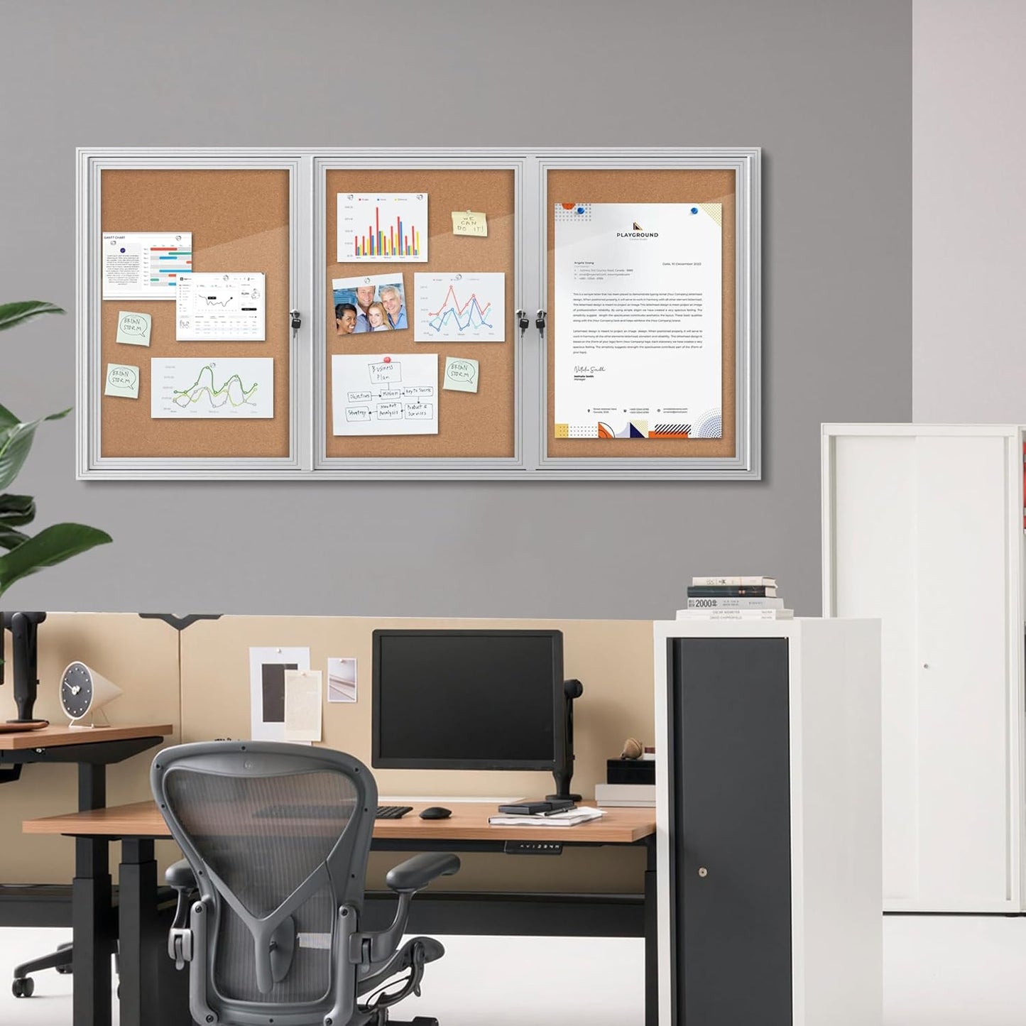 70"x34" Enclosed Bulletin Board, Outdoor Lockable Weather-Resistant Aluminum Cork Noticeboard for School & Office, Silver Frame w/Cork