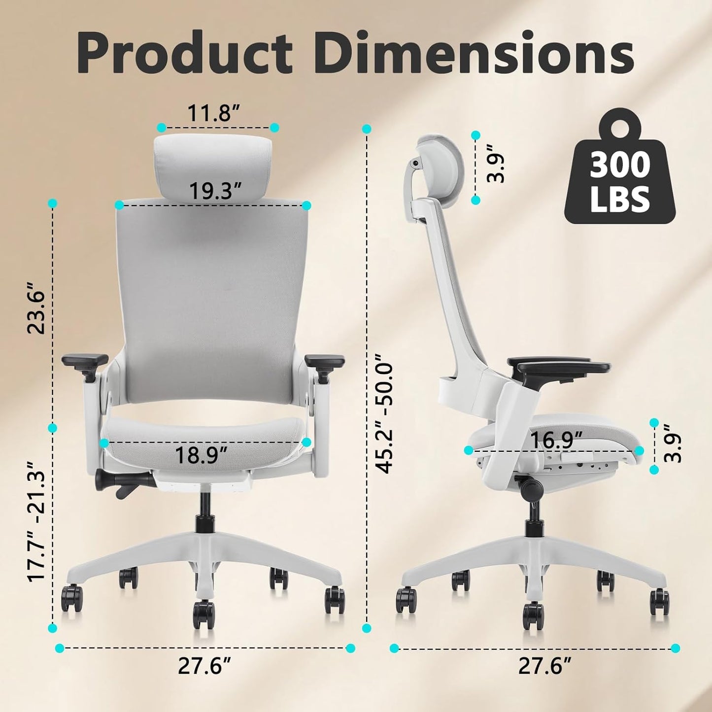 CLATINA Ergonomic High Swivel Executive Chair with Adjustable Height Head 3D Arm Rest Lumbar Support and Upholstered Back for Home Office Gray