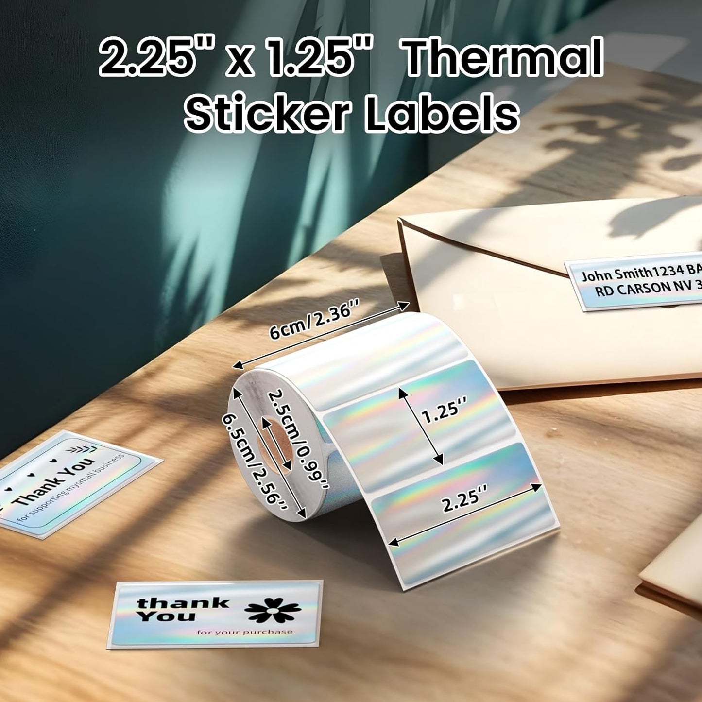 2.25x1.25 Inch Thermal Labels Sliver, Holographic Sliver Barcode Thermal Labels for Thermal Printer and Small Business, Multi-Purpose Rectangle Stickers, 500 Sheets/Roll