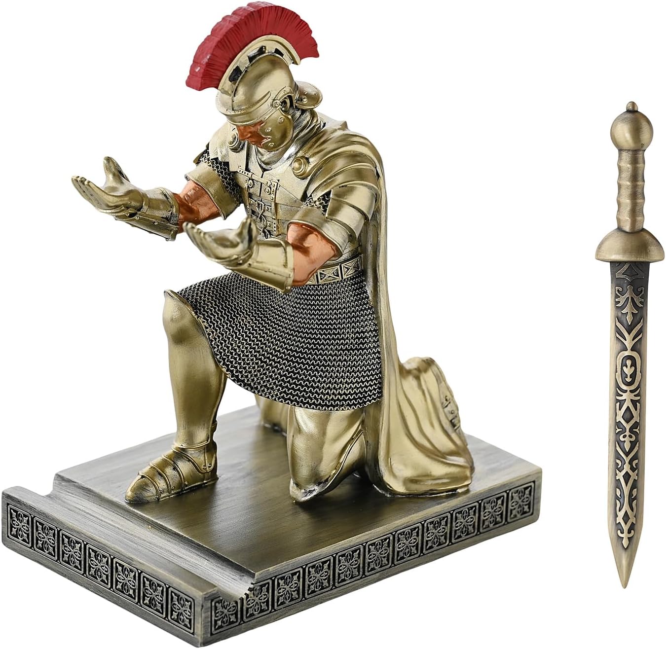 Roman Praetorian Prefect Warrior Knight Pen Holder Desk Ornament Resin Praetorian Guard Mobile Phone Stand Desk Accessories and Organizer for Office with a Letter Opener (Bronze)