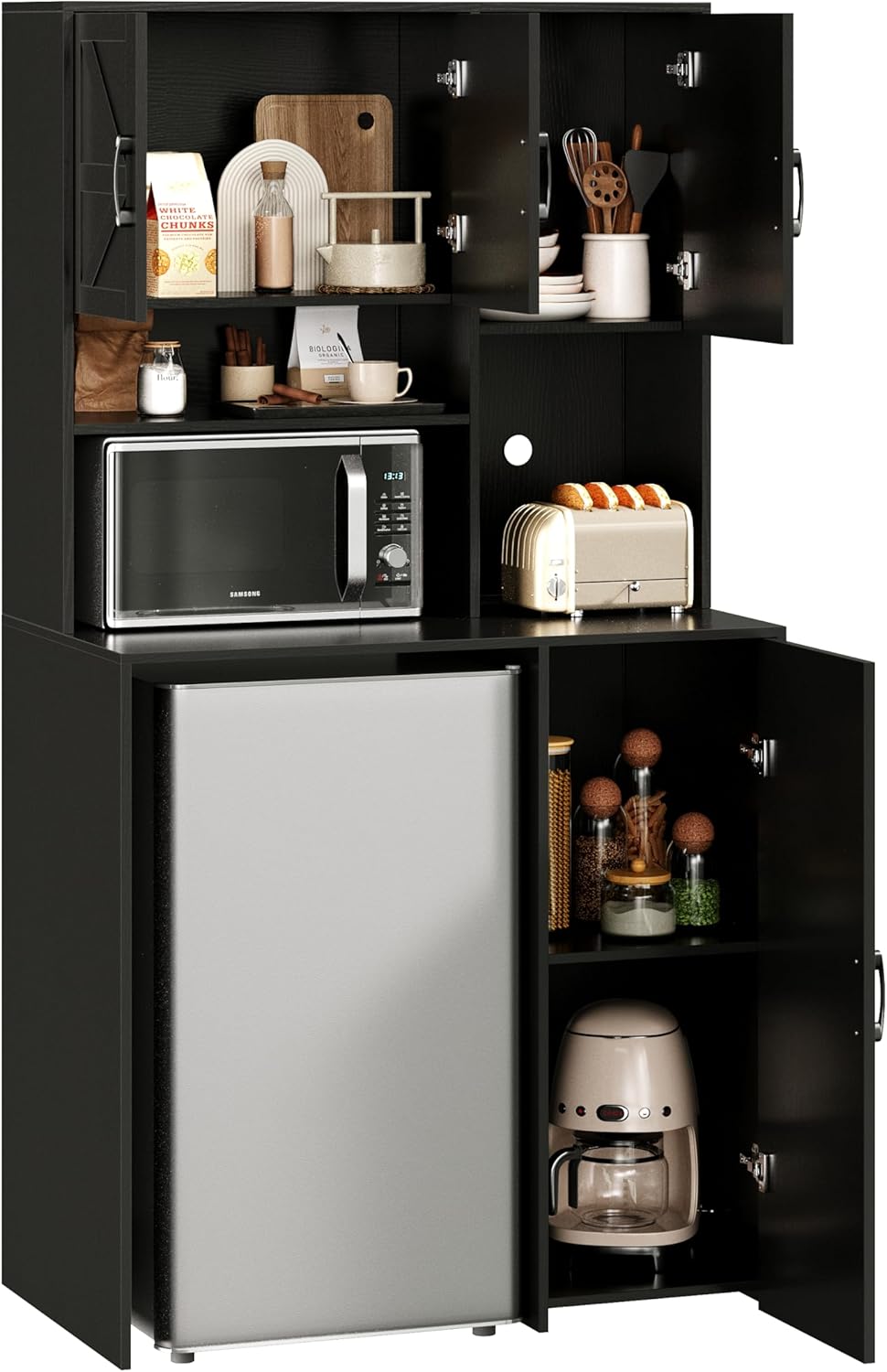 Mini Fridge Cabinet with Storage, Coffee Bar Cabinet with Mini Fridge Space and Outlet, Wine Bar Stand with Microwave Shelf, Beverage Station for Kitchen, Dorm, Office Black KH02MRB