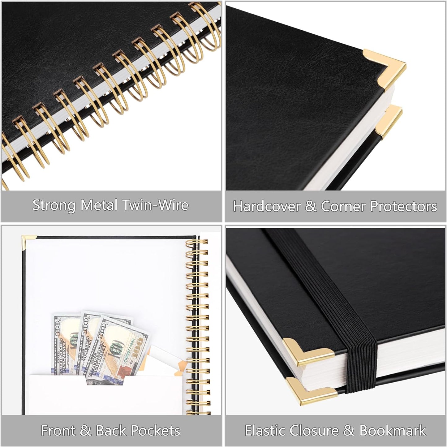 HAUTOCO Spiral Notebook College Ruled B5 Leather Bound Journal, 320 Pages, Hardcover Notebooks with tabs, 100 GSM Paper, 7"x 9.7" Lined Journaling Notebooks for Work Office School Business, Black