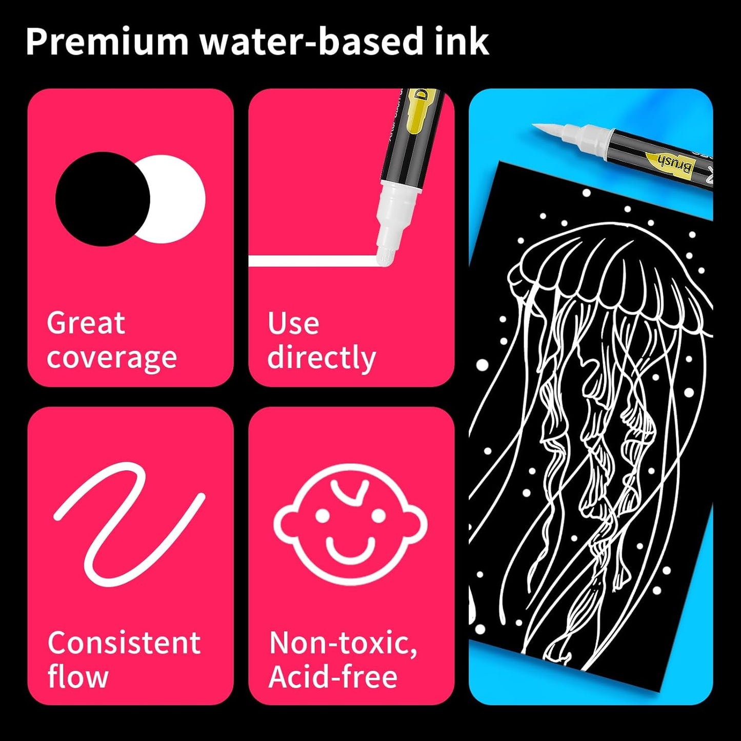 NAWOD 3 White Acrylic Paint Pens, Acrylic Paint Markers Dual Tip (Dot Tip + Brush Tip), Acrylic Permanent Markers for Rock, Fabric, Canvas, Ceramic, Glass, Wood, Paper, Labeling, Drawing, DIY Crafts