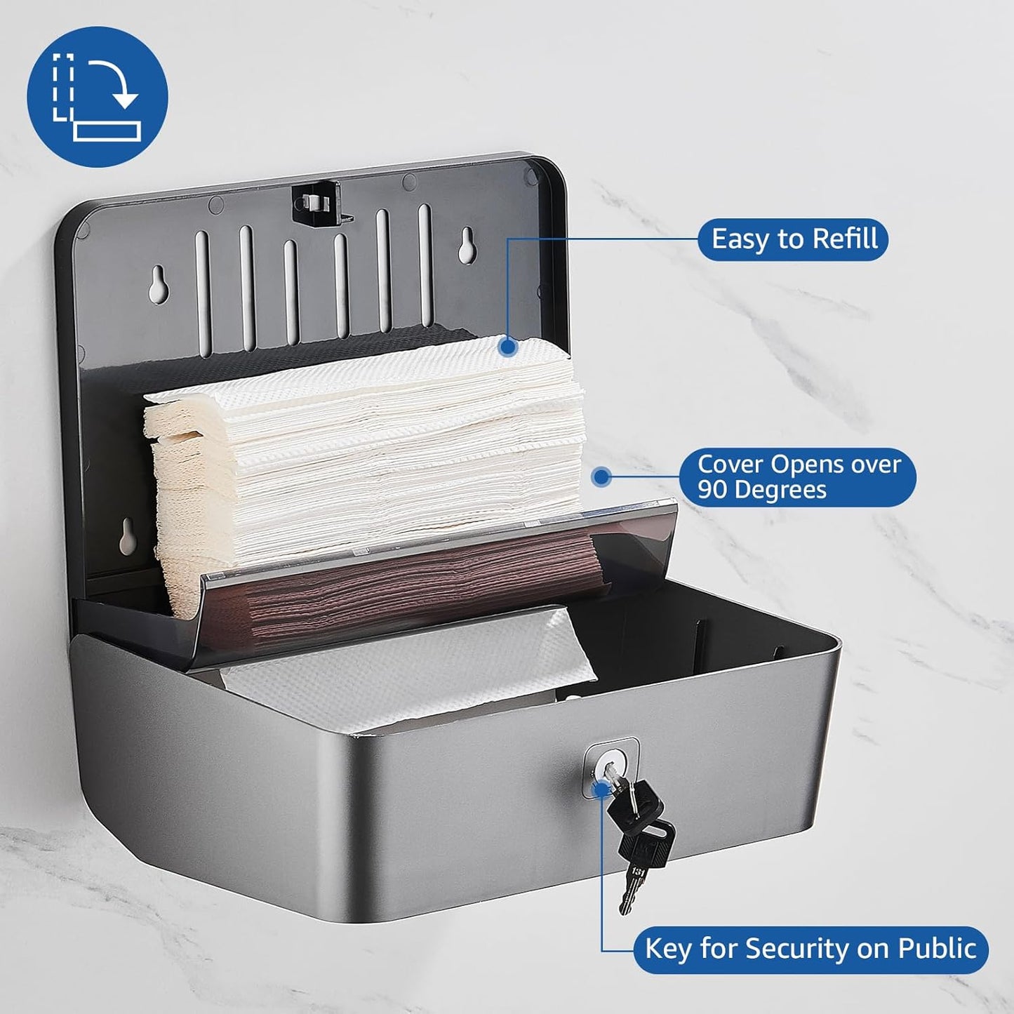 Paper Towel Dispenser Wall Mounted, Multifold Hand Towel Dispenser for Kitchen Bathroom Home Business, Trifold/C Fold/Z Fold Paper Towel Holder with Lock, Universal Paper, Black