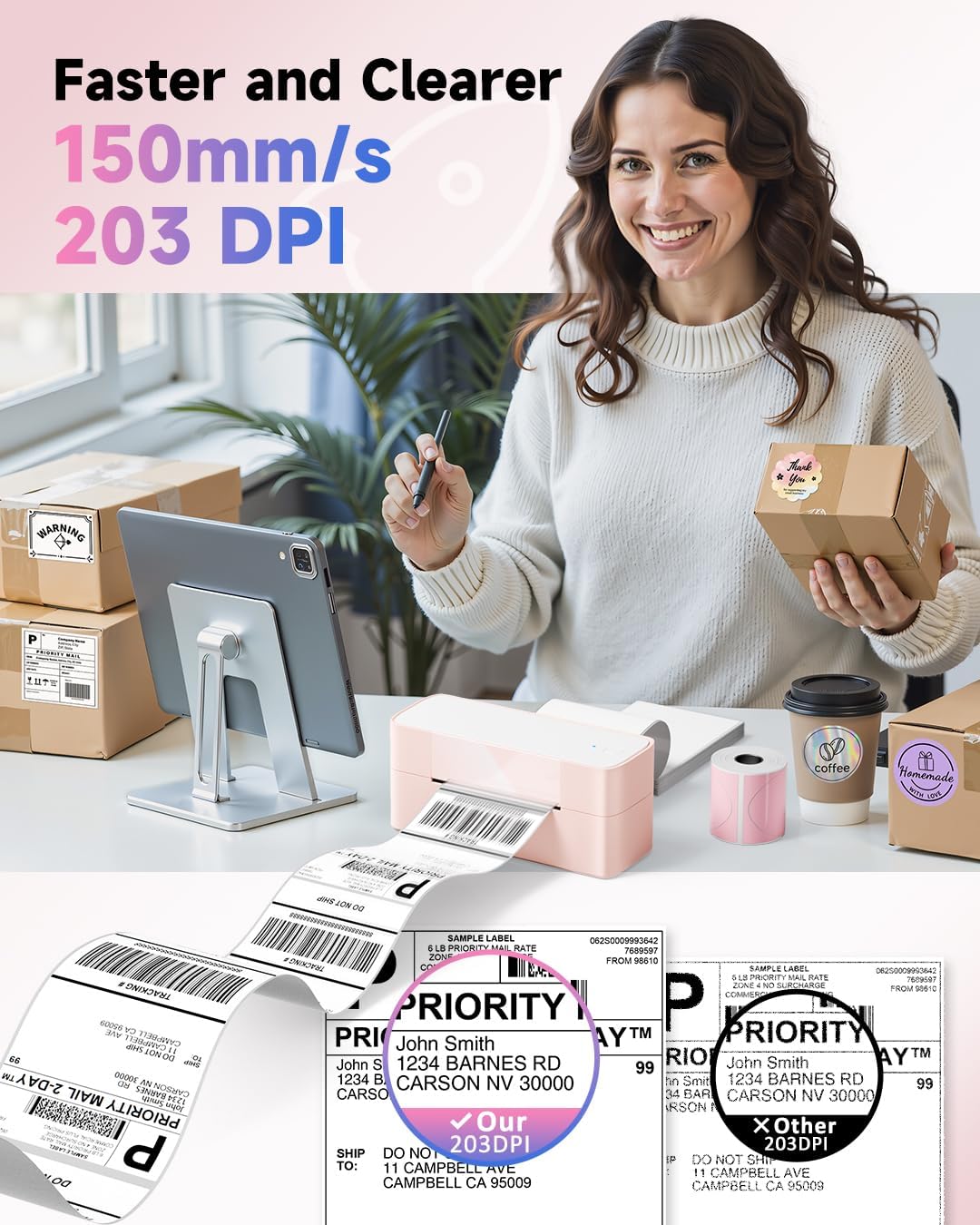 Bluetooth Thermal Label Printer Pink, Wireless 4x6 Thermal Shipping Printer Pink for Small Business & Shipping Package, Desktop Printing, Compatible with Amazon, Ebay, Shopify, Etsy, USPS