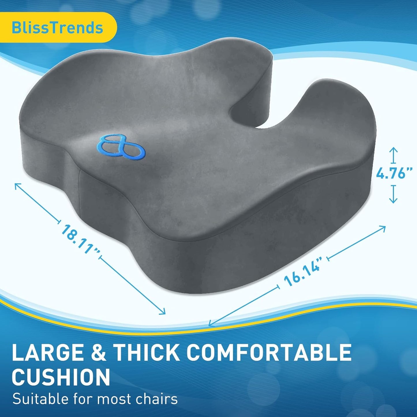 BlissTrends Seat Cushion,Thick Memory Foam Cushions for Office Chair, Car Seat, Airplane, Relieving Pressure Tailbone Sciatica Back Pain for Office Workers, Car Drivers 4.7in Thick LightGrey