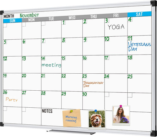 XBoard Magnetic Calendar Whiteboard 48" x 36" - Monthly Calendar Dry Erase Board, White Board + Colorful Calendar Board, Silver Aluminium Framed Monthly Planning Board