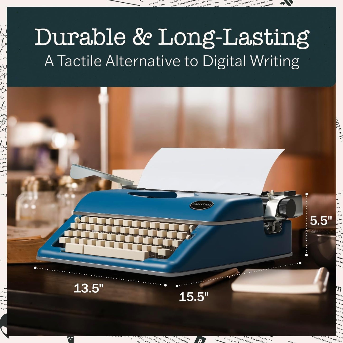 Maplefield Manual Typewriter - Blue - Retro Vintage Look - Working Manual Typewriter & Word Processor - Home Office Desk Decor