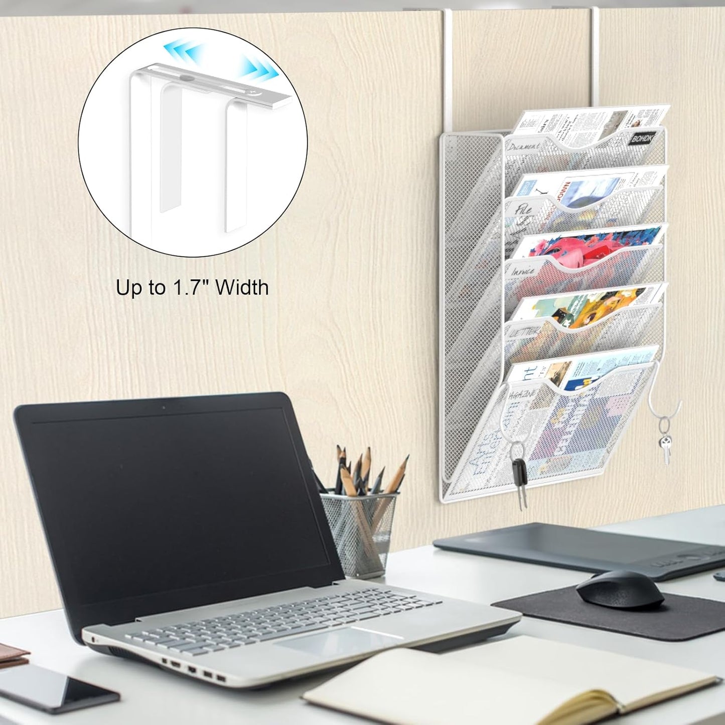 Wall File Organizer, 5 Tire Hanging File Folder Organizer, Vertical Mesh Metal Door/Wall Mount Hanging File Holder, Paper Document Magazine Rack with Hooks for Home Office White