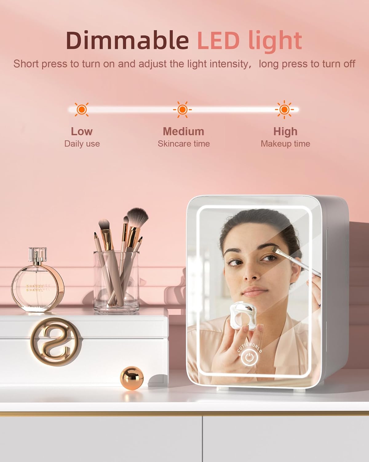 Skincare Fridge With Dimmable LED Light Mirror, 4L Makeup Mini Fridge for Bedroom, Car, Office & Dorm, Cooler & Warmer, Portable Small Refrigerator for Cosmetics, Skin Care and Food, White