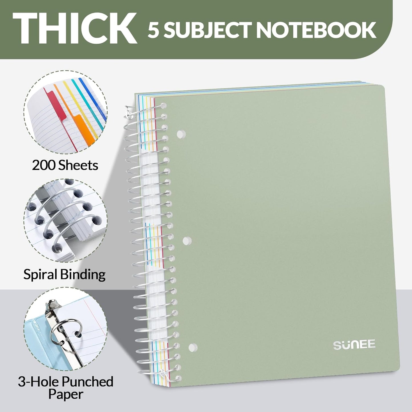 SUNEE 5 Subject Notebook College Ruled - 400 Pages, 9"x11", 5 Pocket Colored Dividers, 3-Hole Punched Paper, Sage Green