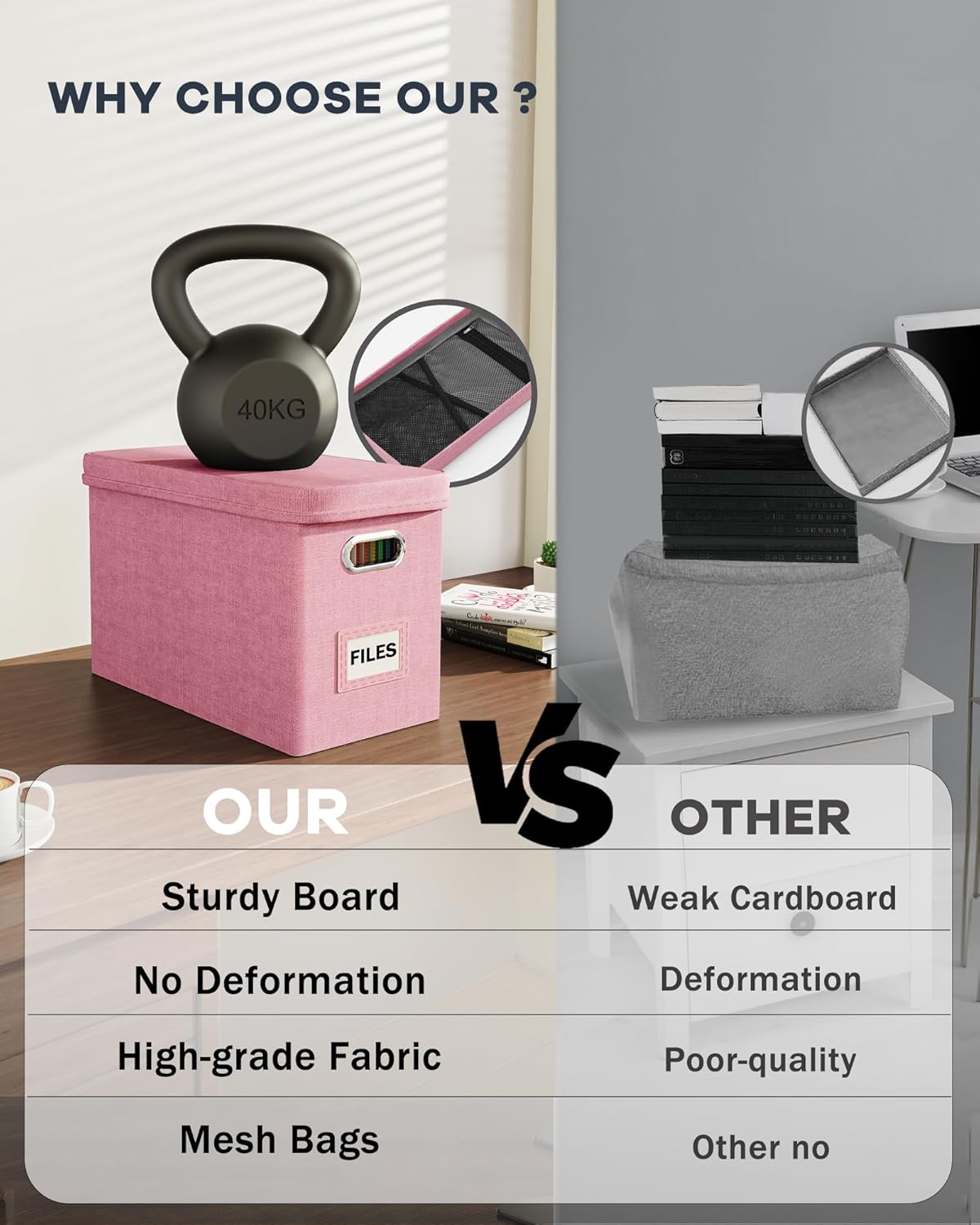 Oterri File Organizer Box with Lid, Hanging Filing File Box with Mesh Pocket, Document Organizer Box for Letter Files, Portable Storage Box with Smooth Sliding Rail for Office&Home (1 PCS, Pink)