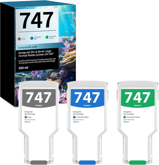 747 Ink Cartridge Replacement for HP 747 300-ml Chromatic Green/Chromatic Blue/Gray Designjet Ink Cartridge P2V84A P2V85A P2V86A forDesignJet Z9+ Large Format Printer (3-Pack)
