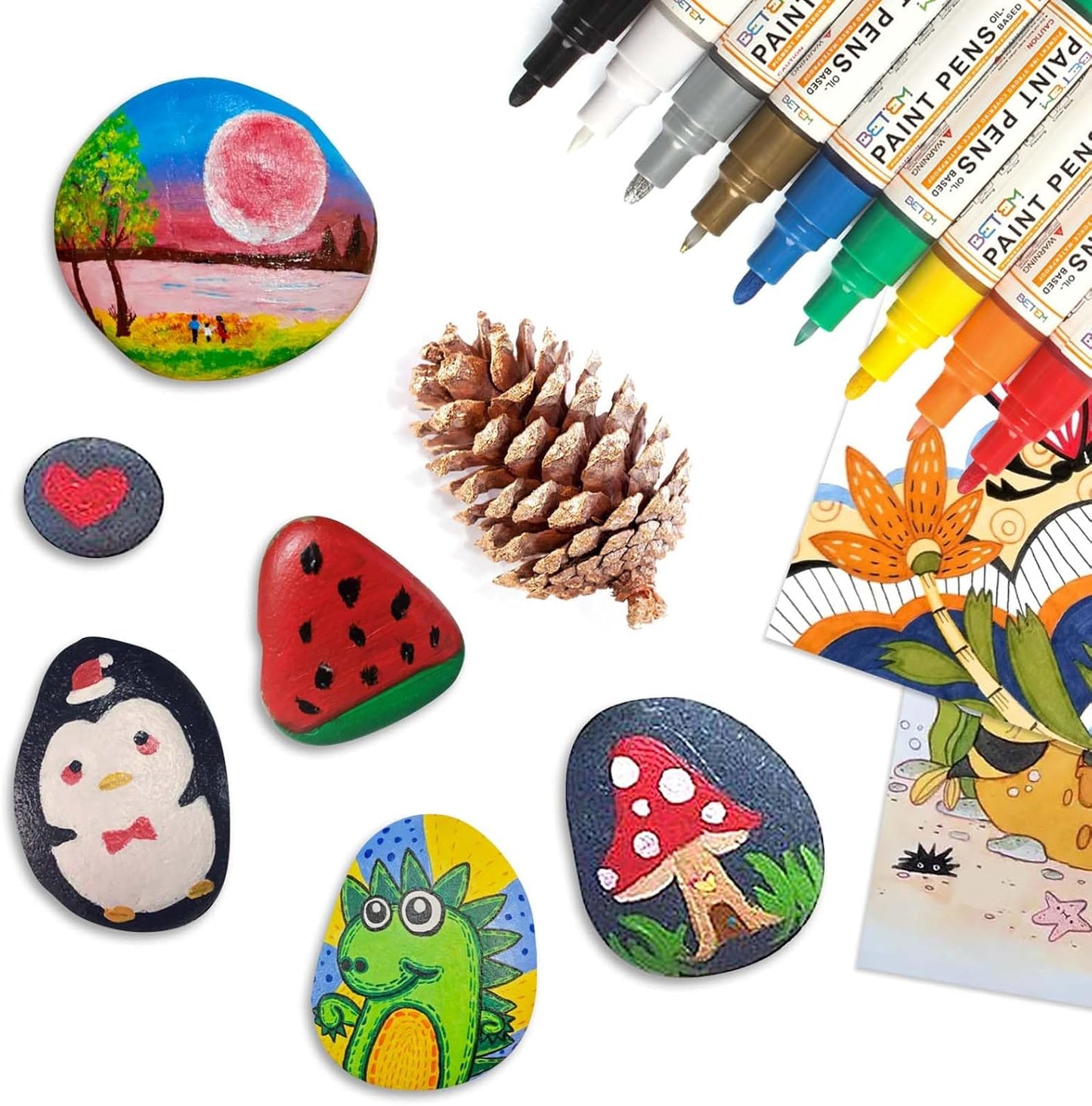 Betem 9 Colors Dual Tip Oil Based Paint Markers Acrylic Paint Pens(0.7mm & 3mm),Permanent,Waterproof,Quick Dry,for Rock Painting,Wood,Plastic,Metal,Canvas,Glass,DIY Crafts,Art Supplies