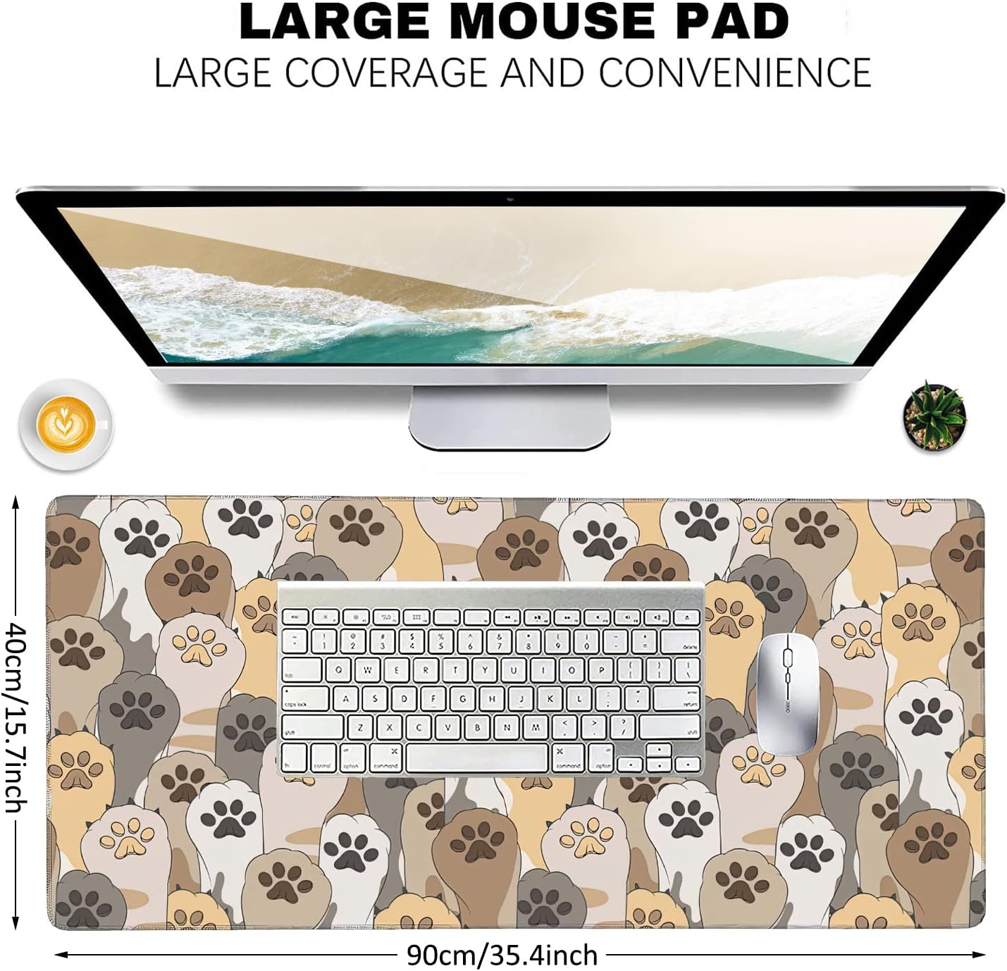 Kawaii Cute Cats Footprint Extended Gaming Mouse Pad Large Desk Mat with Non-Slip Rubber Base and Stitched Edges,Keyboard Mouse Mat Desk Pad for Work,Game,Office,Home 35.4 * 15.7 Inch