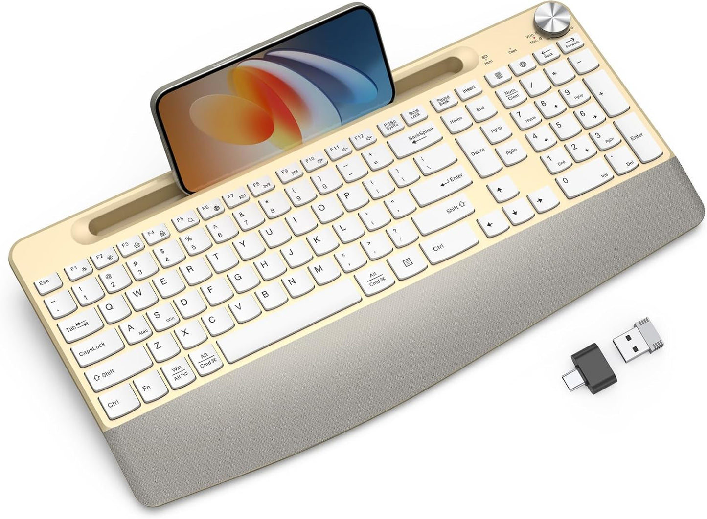 Ergonomic Wireless Keyboard with Wrist Rest-Low-Profile,Phone/Tablet Holder,Quiet Design，Windows & Mac OS，Full Size Cordless USB Computer Keyboard for Desktop,Laptop, PC, Mac, Windows-Gold