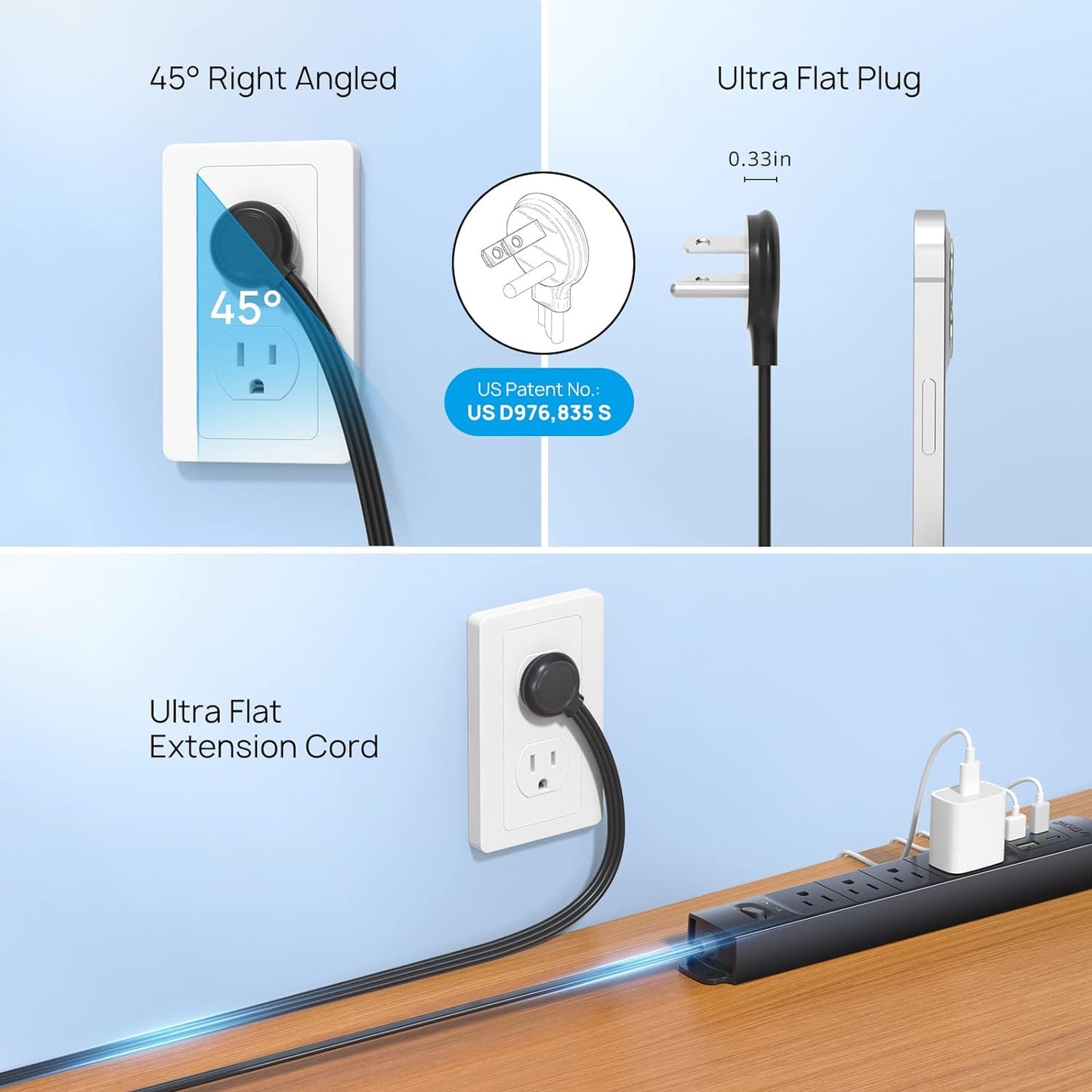 TROND Flat Plug Power Strip USB-5ft Flat Extension Cord Surge Protector Wall Mount, 2 Type C & 2 USB A Ports with Multiple Outlets, 1440J, 1625W for Office Supplies Dorm Room Essentials, Black