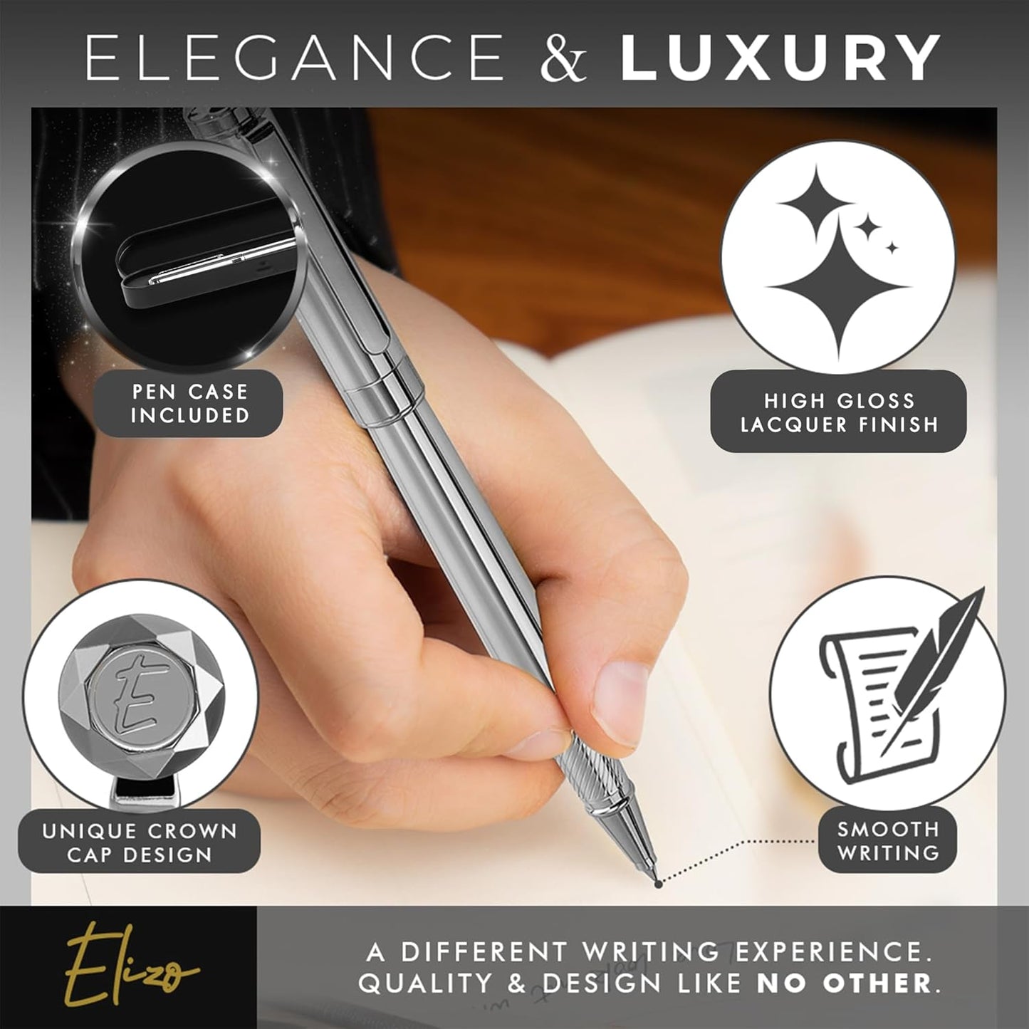 ELIZO Luxury Pen Fancy Chrome Silver Nice Gift Rollerball Cool Pens Best Schmidt Ink EDC Pen Executive Smooth Writing Pens for Men Women