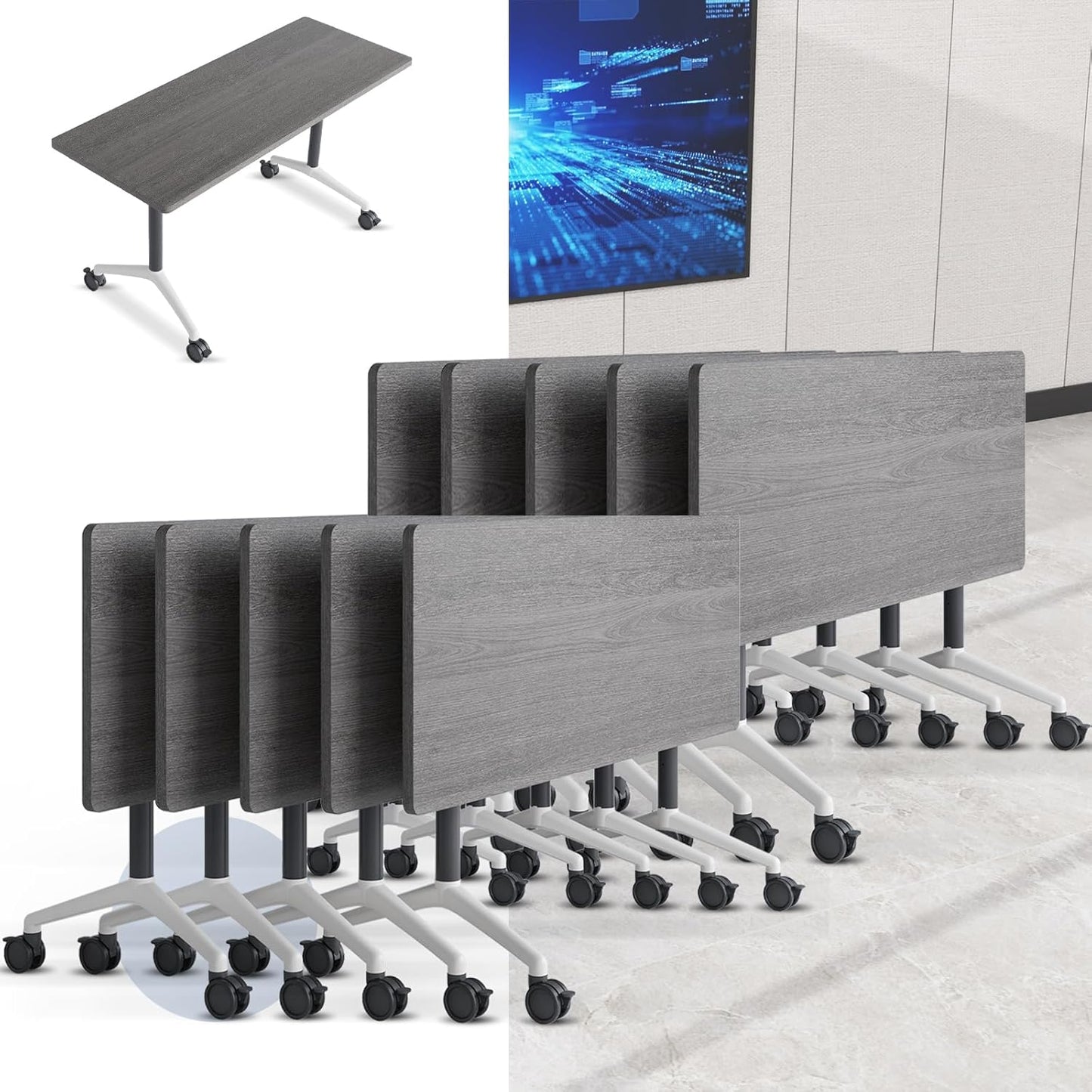 Folding Conference Table, Mobile Training Table for Office Conference, Modern Modular Rectangular Work Desk Meeting Seminar Work Tables with Caster Wheels, Large Breakroom Tables (10Pack L47.2in)