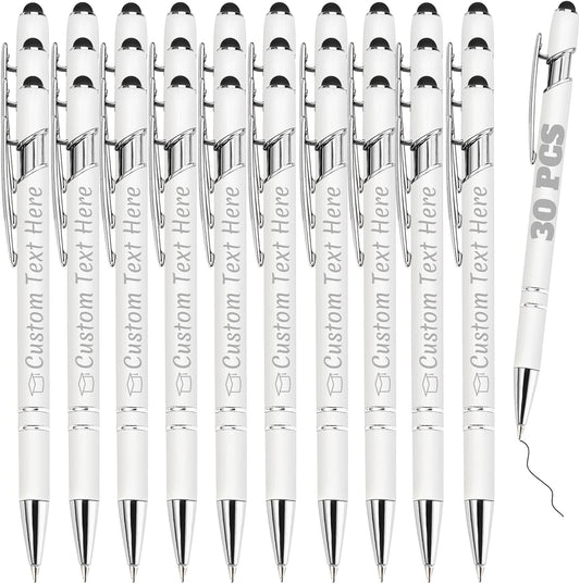 Personalized Pens Bulk 30 with Name Custom Engraving Ballpoint Pens with Stylus Tip Customized Smooth Writing Pens Personalized Gifts for Anniversary Birthday or Graduation(White,Black Ink)