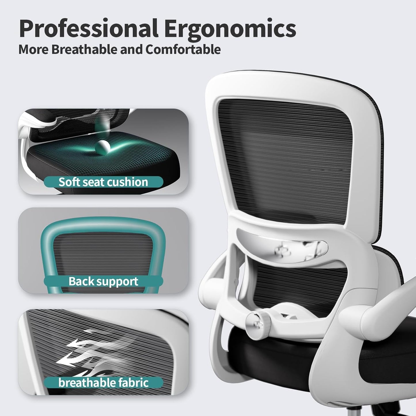 TRALT Office Chair - Ergonomic Desk Chair with Adjustable Lumbar Support, Mesh Computer Chair, Executive Chairs for Home Office Comfortable Lumbar Support (White+Black)