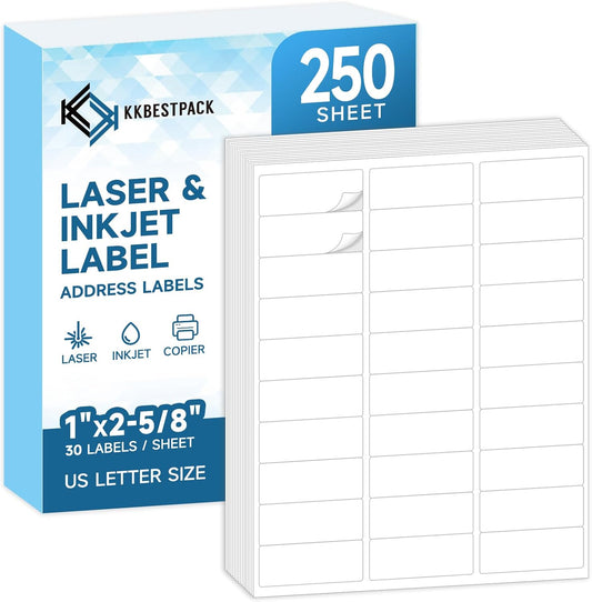 Address Labels for Printer 7500 Labels - 1" x 2-5/8", Mailing, Storage & Pantry Organization, Laser/Inkjet Compatible, 30 Per Page, 250 Sheets
