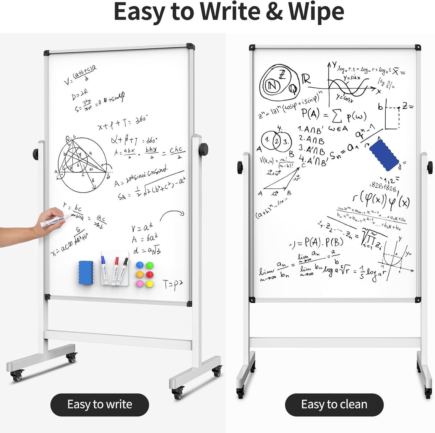 Rolling Whiteboard, Double Sided Magnetic Dry Erase Board Height Adjustable Whiteboard with Stand for Home Office Classroom (48" x 32")