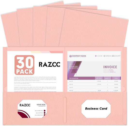 Two Pocket Folders, RAZCC 30 Pack File Folders with Pockets Fit Letter Size Paper, Thick Paper File Folder for School Office Business Home (Pink)