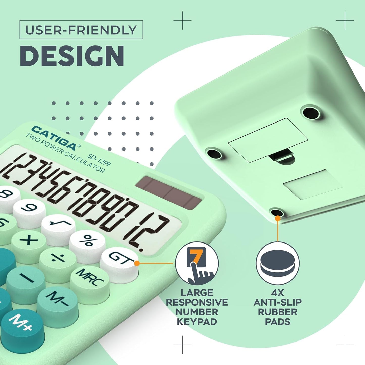CATIGA Mechanical Switch Calculator with Solar and Battery Dual Power, 12-Digit Large LCD Display, Aesthetic and Cute Desktop Calculator with Big Button, for Home, School and Office Use, SD-1299