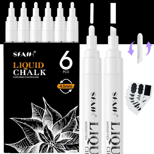 SFAIH White Liquid Chalk Markers - 6 Wet Erase Chalkboard Markers for Signs, Windows, Glass, Chalk Pens with 20 Chalkboard Labels, Reversible Tips - 4.5-6mm Reversible Bullet & Chisel Tips, Non Toxic