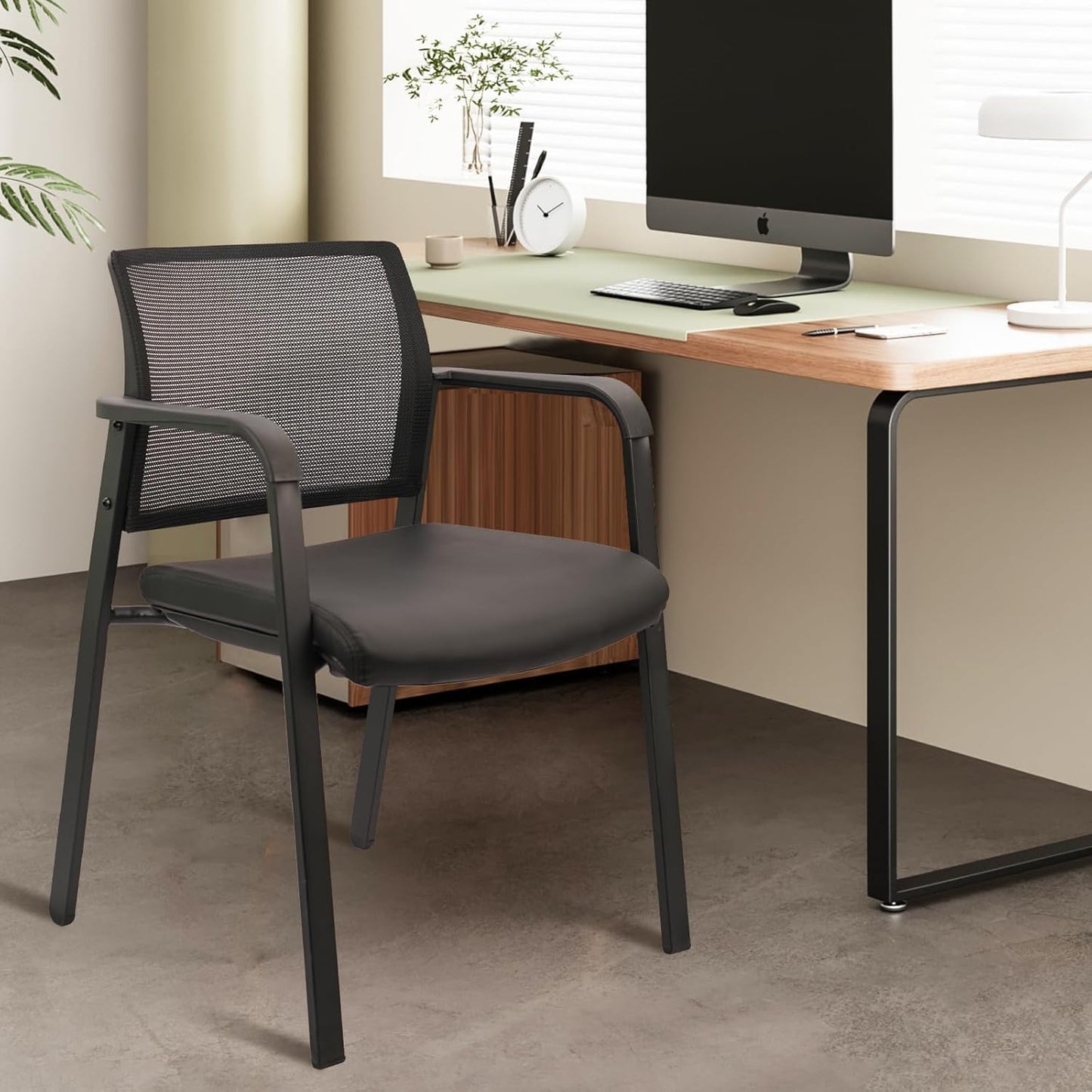 CLATINA Stackable Office Chair, Mesh Back Guest Chairs with Comfortable Leather Seat Arms Stacking Ergonomic Desk Chair No Wheels for Conference Waiting Reception School Stationary, Black, Set of 8