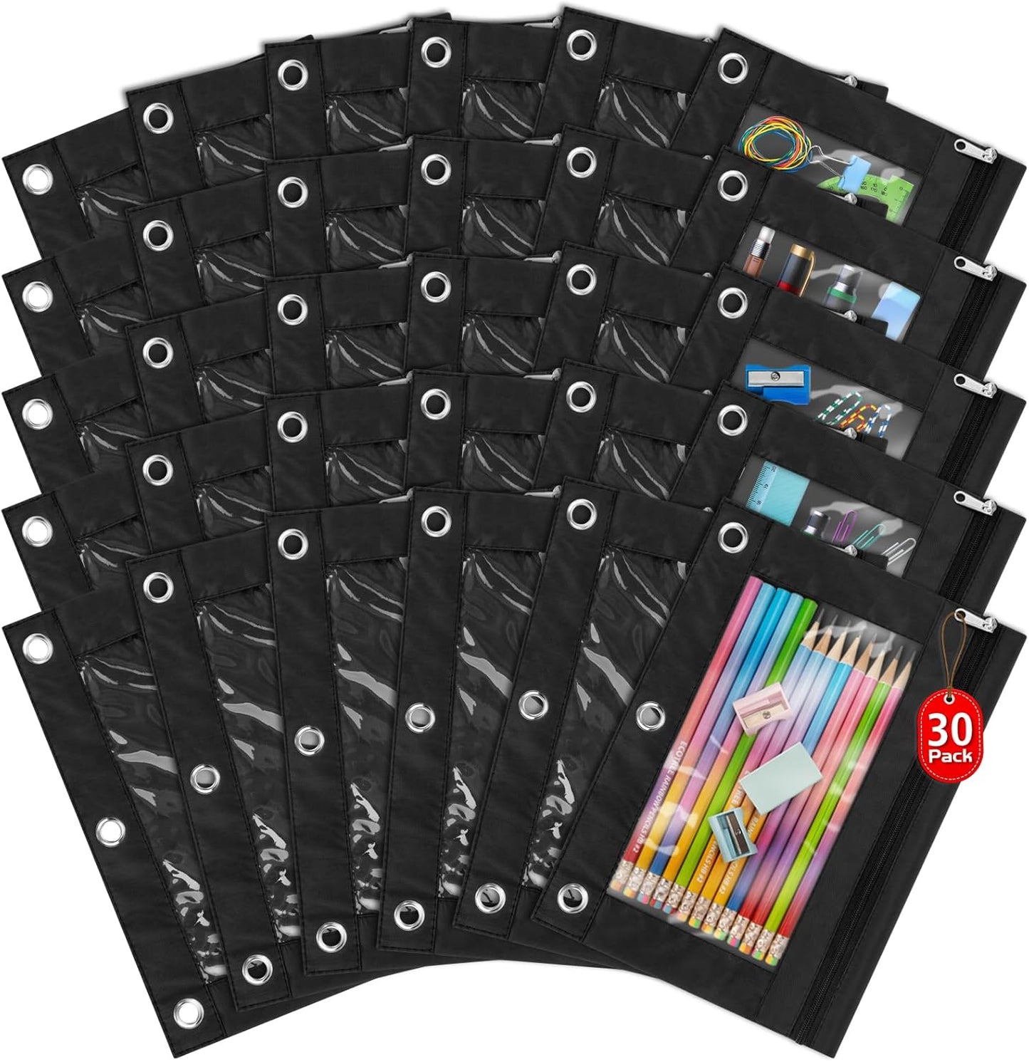 IKAYAS 30 Pack Black Pencil Pouch for 3 Ring Binder Colorful Pencil Pouch with Zipper Bulk, 3 Ring Binder Pencil Pouches Pencil Case Pencil Bags for Classroom Storing School Teacher Supplies